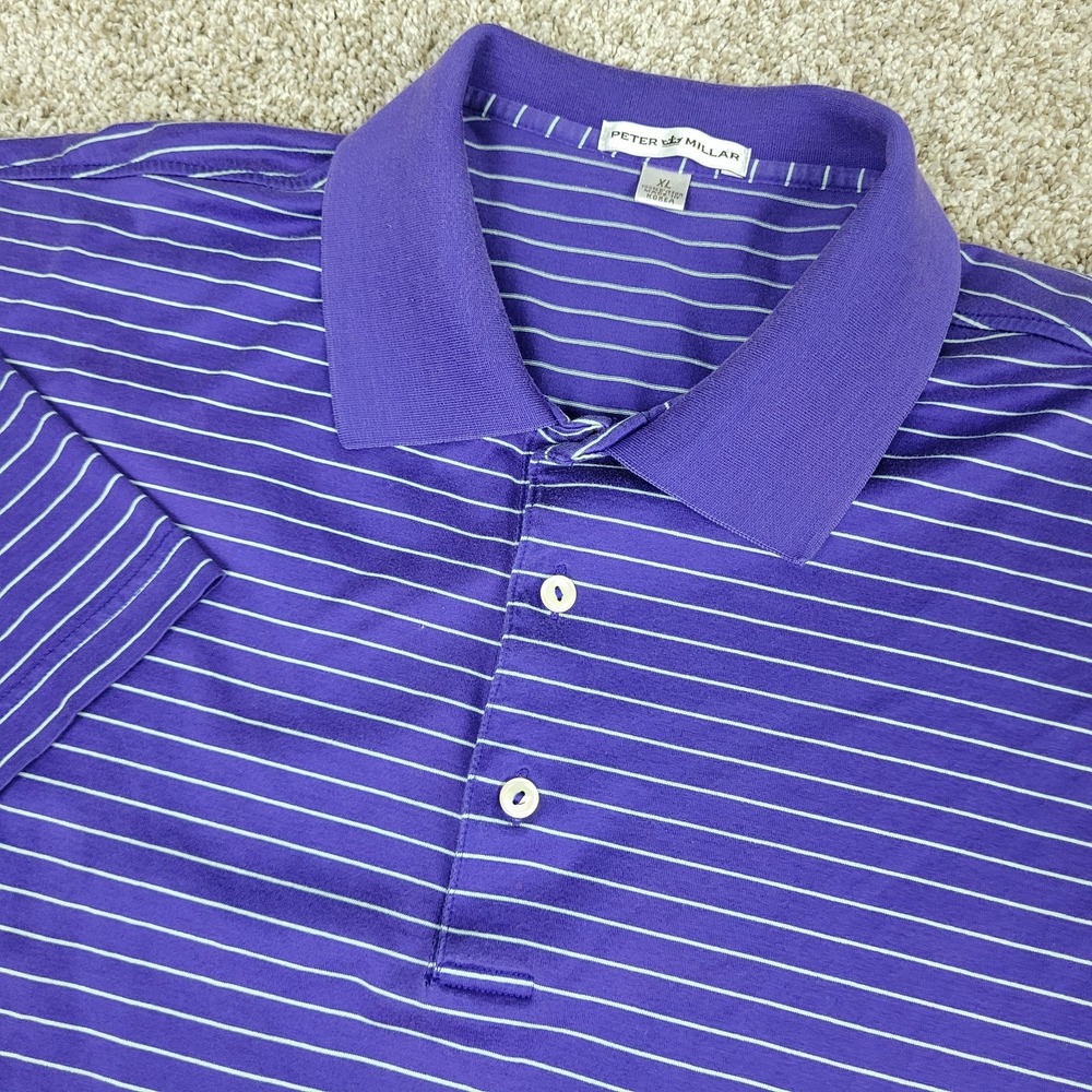 Peter Millar Mens XL Blue White Striped Stretch Knit Polo Short Sleeve